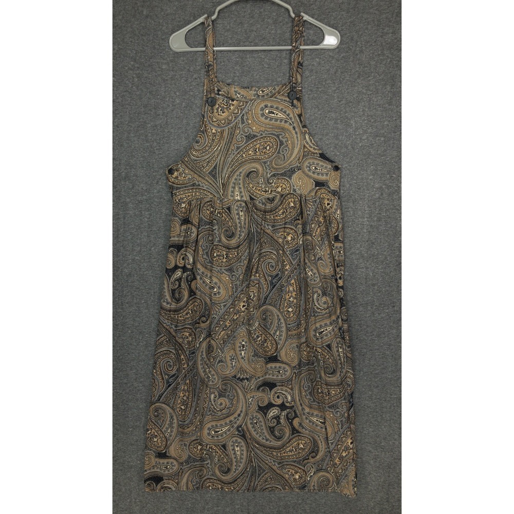 Vintage 90s Grunge Boho Bib Dress 1601 Womens Size Small Brown Black Paisley